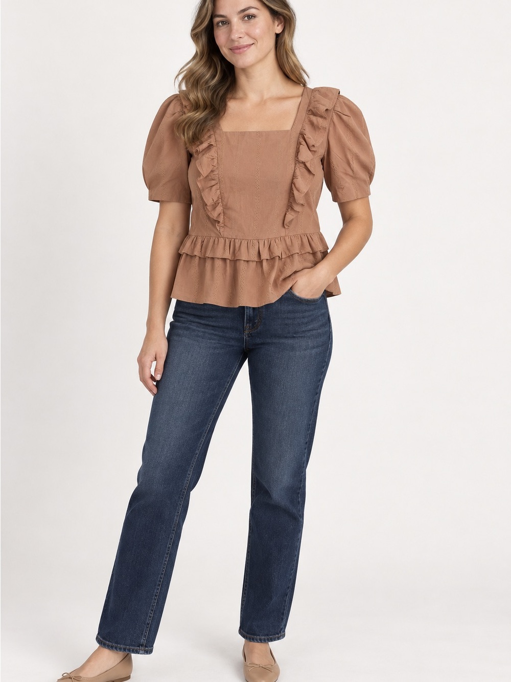 NWT Universal Thread Terracotta Eyelet Ruffle Peplum Blouse Medium
